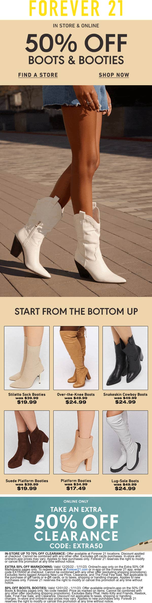 Forever 21 stores Coupon  50% off boots & more online at Forever 21 #forever21 