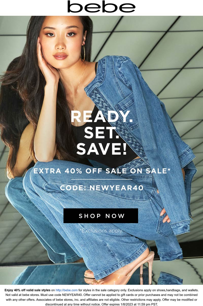 bebe stores Coupon  Extra 40% off sale styles at bebe via promo code NEWYEAR40 #bebe 