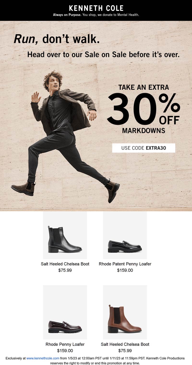 Kenneth Cole stores Coupon  Extra 30% off sale items at Kenneth Cole, or online via promo code EXTRA30 #kennethcole 