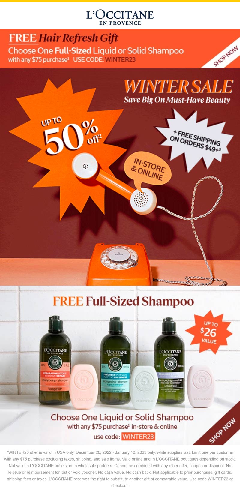 LOccitane stores Coupon  Free full size on $75 at LOccitane via promo code WINTER23 #loccitane 