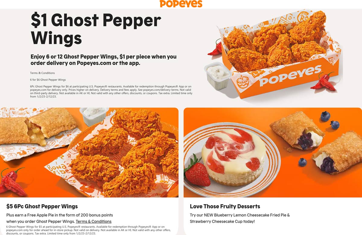 Popeyes restaurants Coupon  6 Ghost Pepper Wings = $5 online at Popeyes chicken #popeyes 