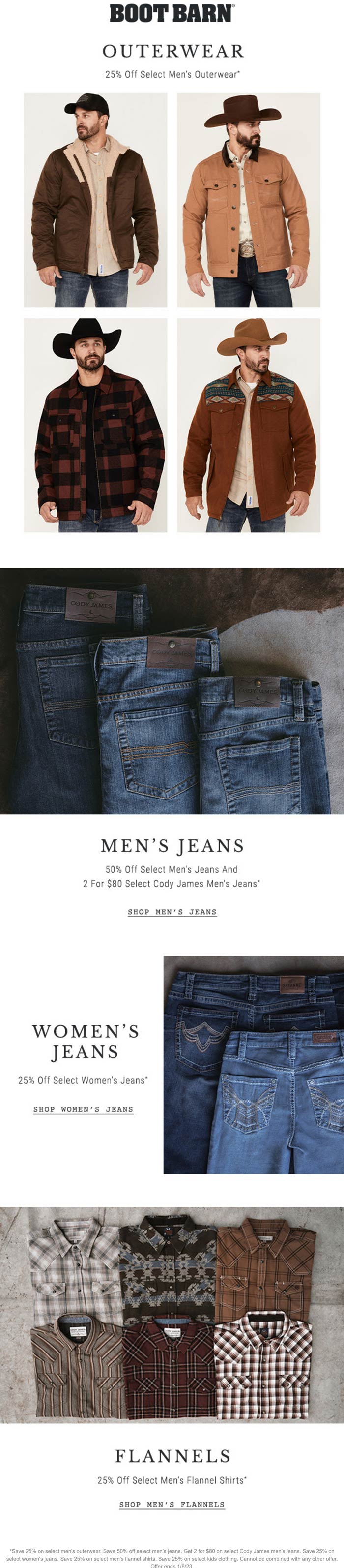 Boot Barn stores Coupon  50% off jeans & 25% off outerwear today at Boot Barn #bootbarn 