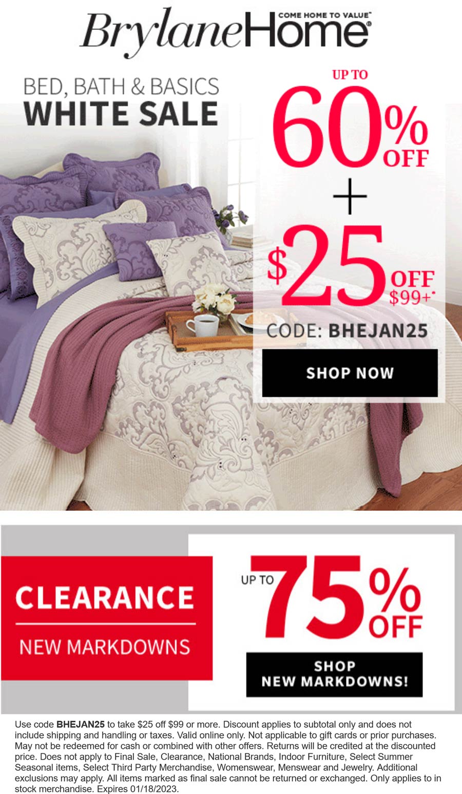 Brylane Home stores Coupon  $25 off $99 at Brylane Home via promo code BHEJAN25 #brylanehome 