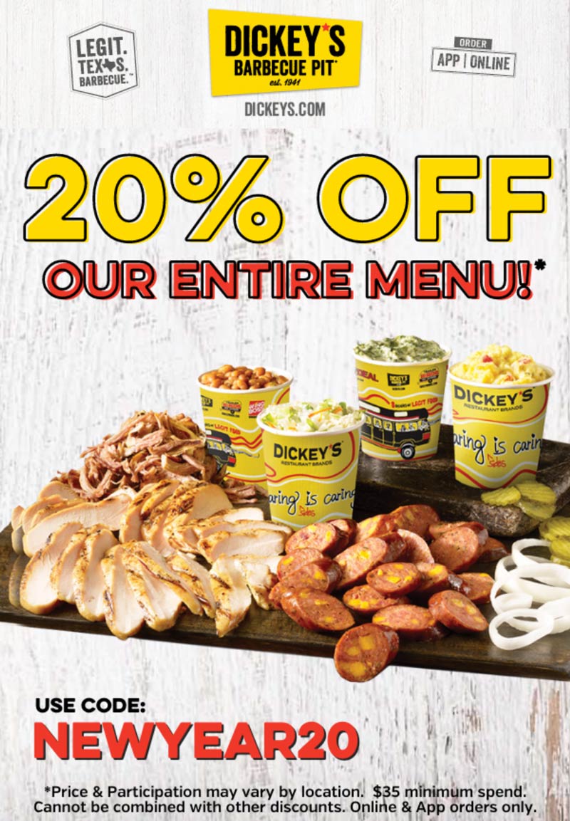 Dickeys Barbecue Pit restaurants Coupon  20% off today at Dickeys Barbecue Pit restaurants via promo code NEWYEAR20 #dickeysbarbecuepit 