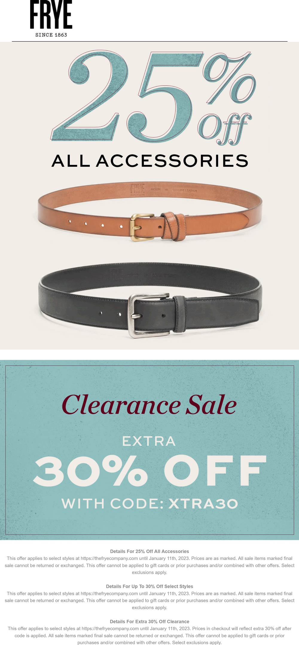 Frye stores Coupon  25% off accessories & 30% off clearance at The Frye Company #frye 