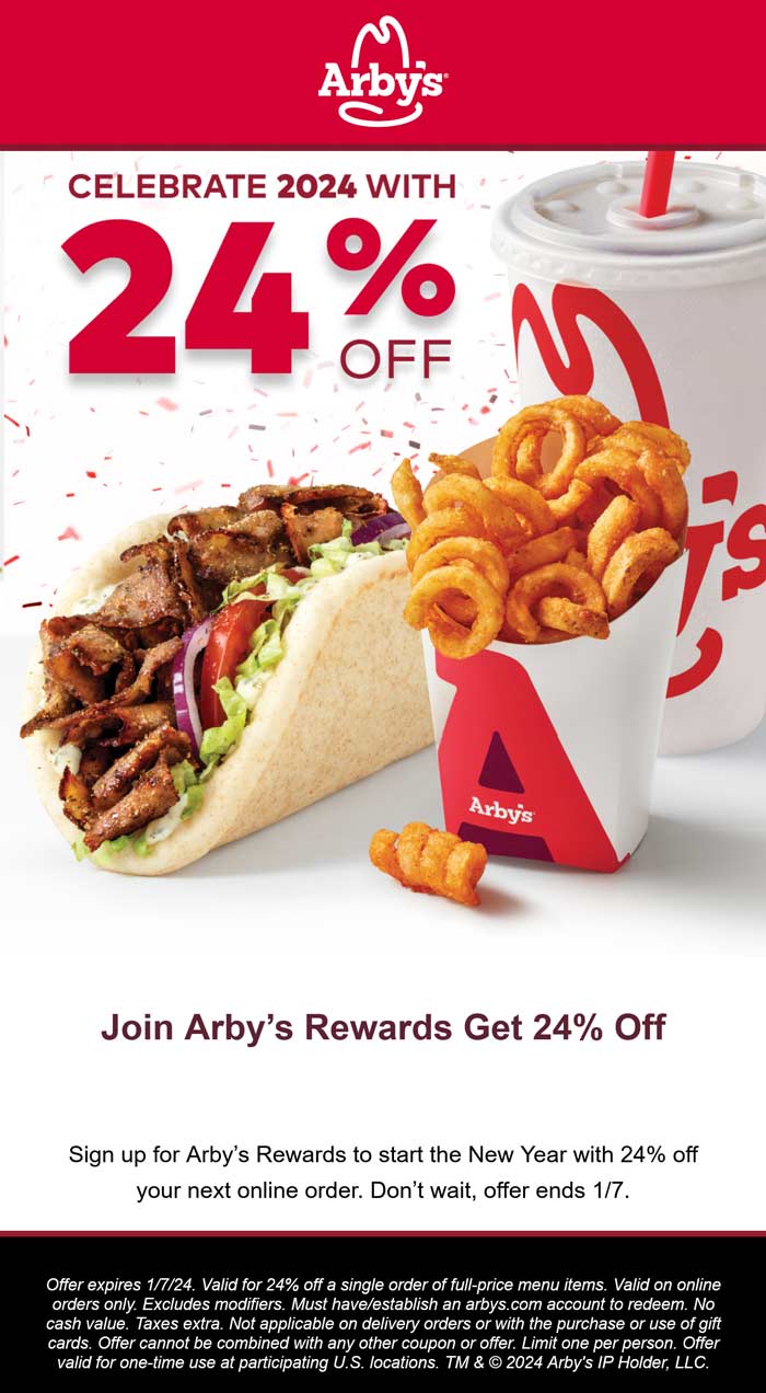 Arbys restaurants Coupon  24% off online via login at Arbys restaurants #arbys, or online via promo code #arbys 