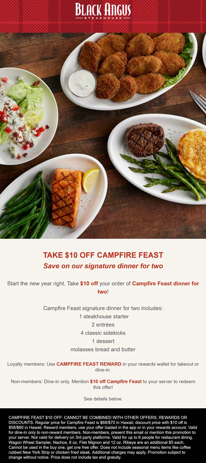 $10 off campfire feast for 2 at Black Angus steakhouse restaurants #blackangus