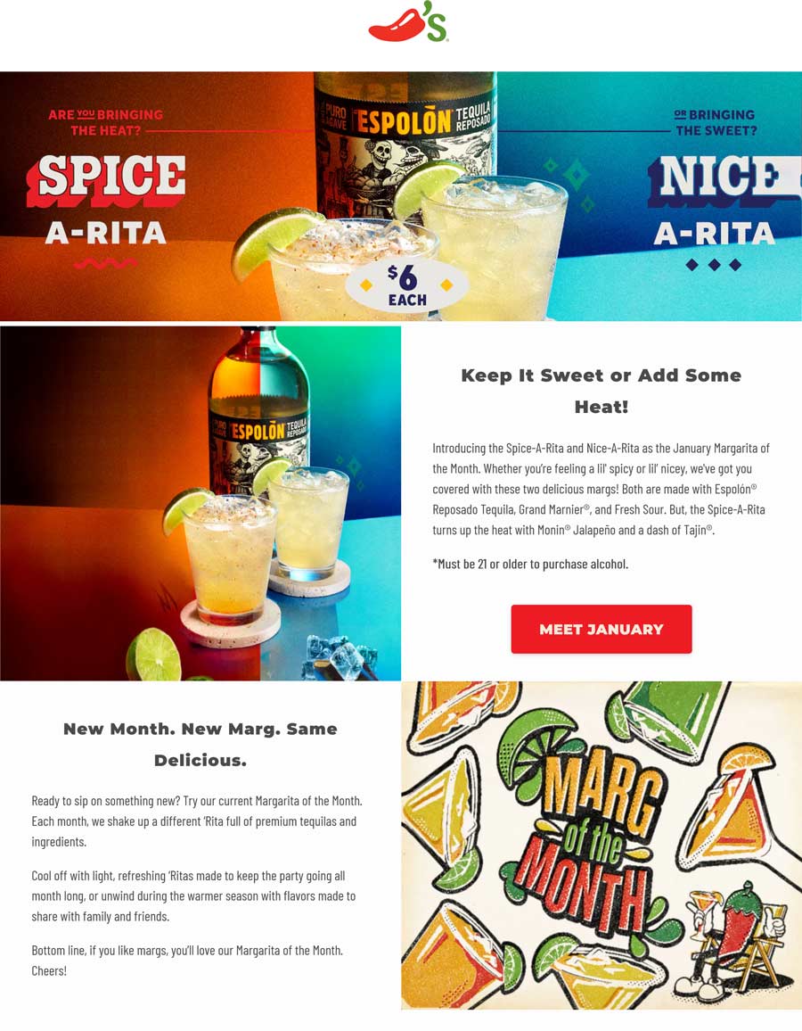 Chilis restaurants Coupon  $6 Spice-A-Rita and Nice-A-Rita drink all January at Chilis restaurants #chilis 
