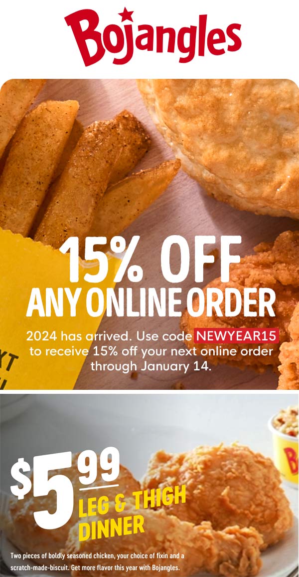 Bojangles restaurants Coupon  15% off & more at Bojangles restaurants via promo code NEWYEAR15 #bojangles 