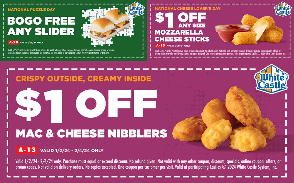 Second slider free + $1 off mozzarella sticks or mac & cheese nibblers at White Castle restaurants #whitecastle