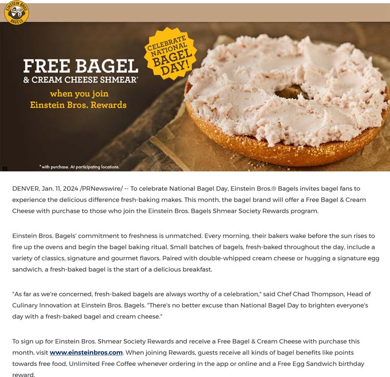 Einstein Bros Bagels restaurants Coupon  Free bagel & cream cheese with any purchase this month via email at Einstein Bros Bagels #einsteinbrosbagels 