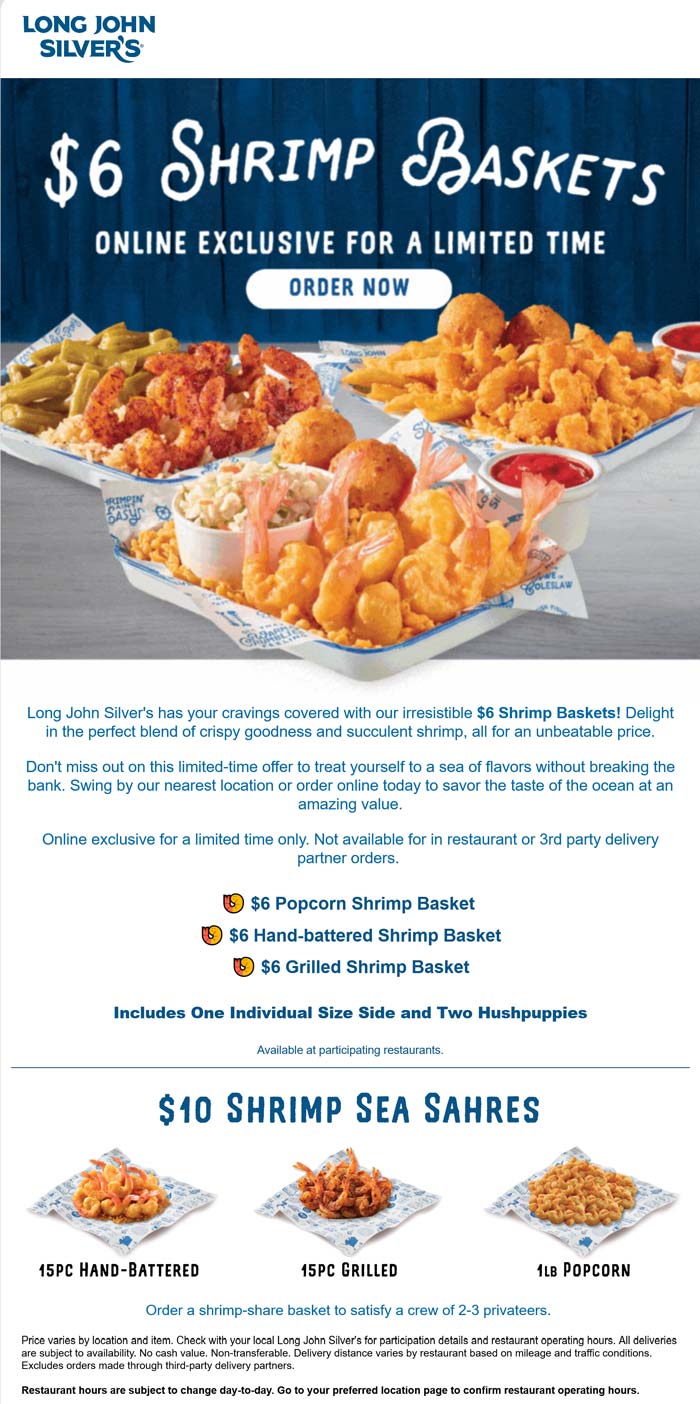 $6 fried grilled or popcorn shrimp baskets at Long John Silvers restaurants #longjohnsilvers