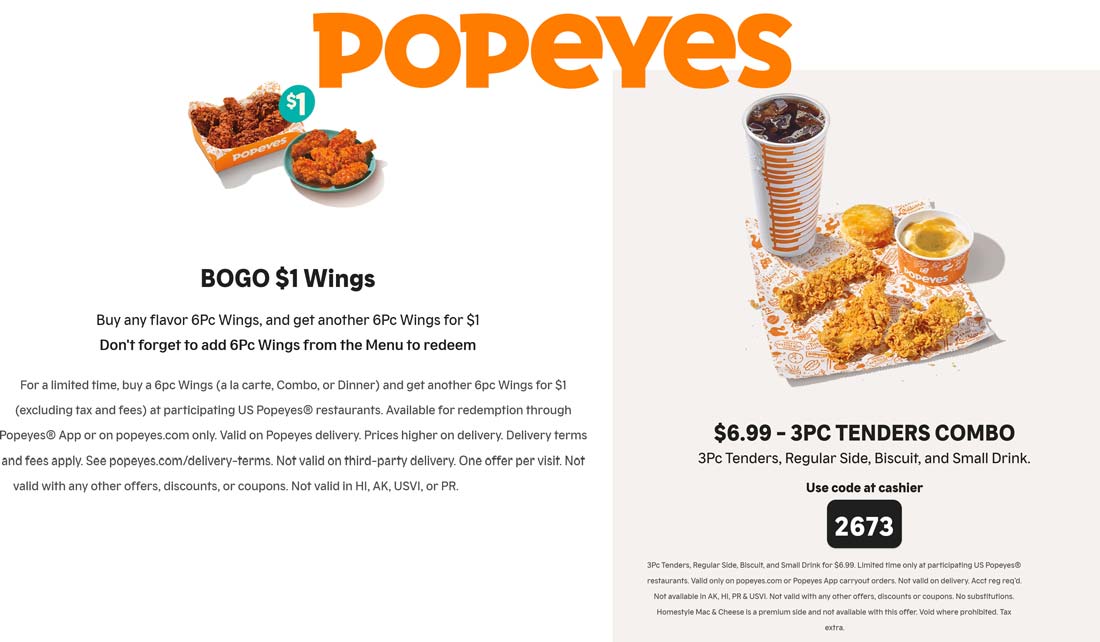 Popeyes restaurants Coupon  Second 6pc wings for $1 & 3pc tenders + side biscuit + drink = $7 at Popeyes #popeyes 