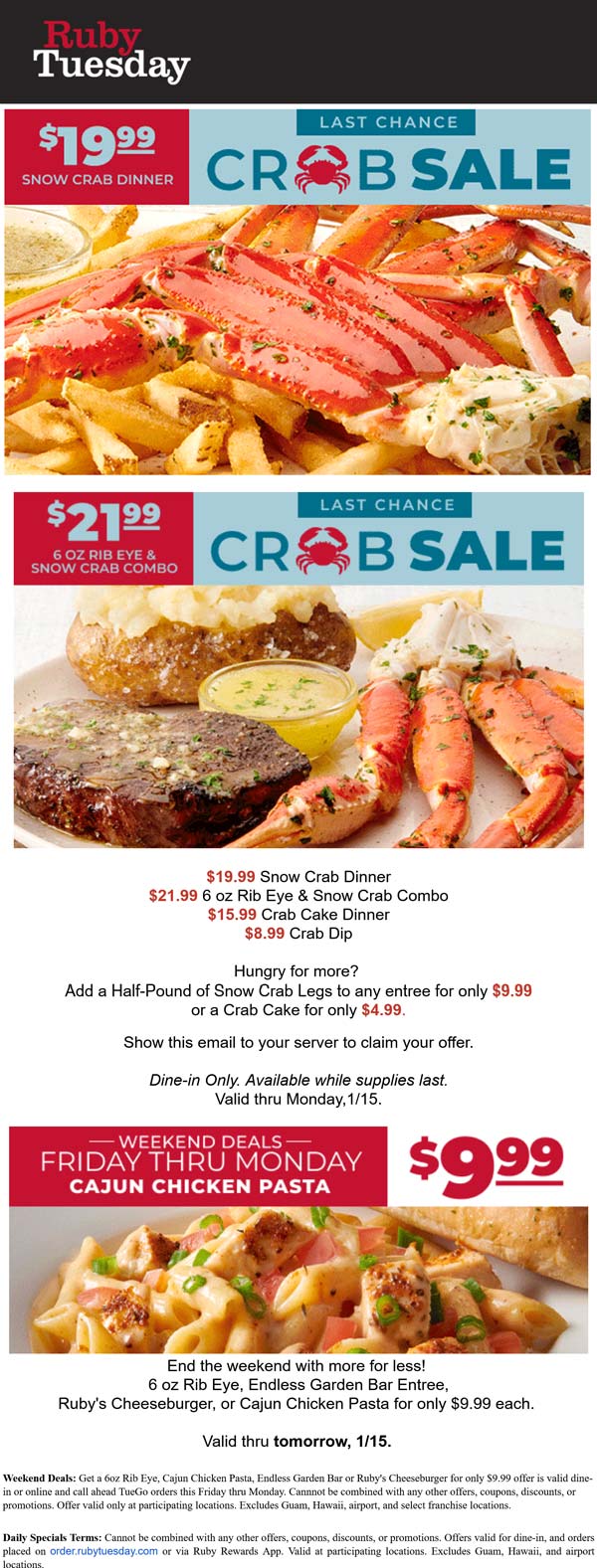 Ruby Tuesday restaurants Coupon  $20 snow crab dinner, $22 steak & crab + $10 bottomless garden bar at Ruby Tuesday #rubytuesday 