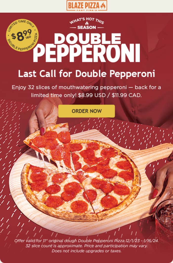 Blaze Pizza restaurants Coupon  Double pepperoni for $9 at Blaze Pizza #blazepizza 