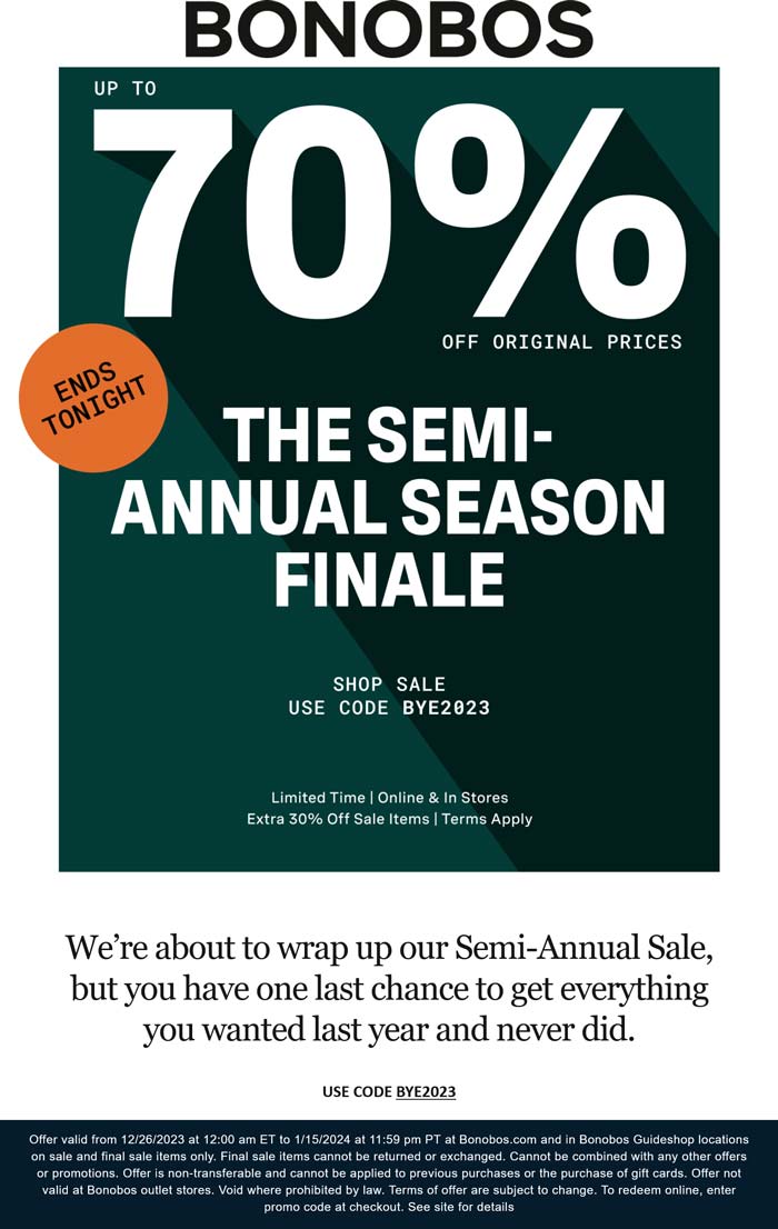 Extra 30% off sale items today at Bonobos, or online via promo code BYE2023 #bonobos