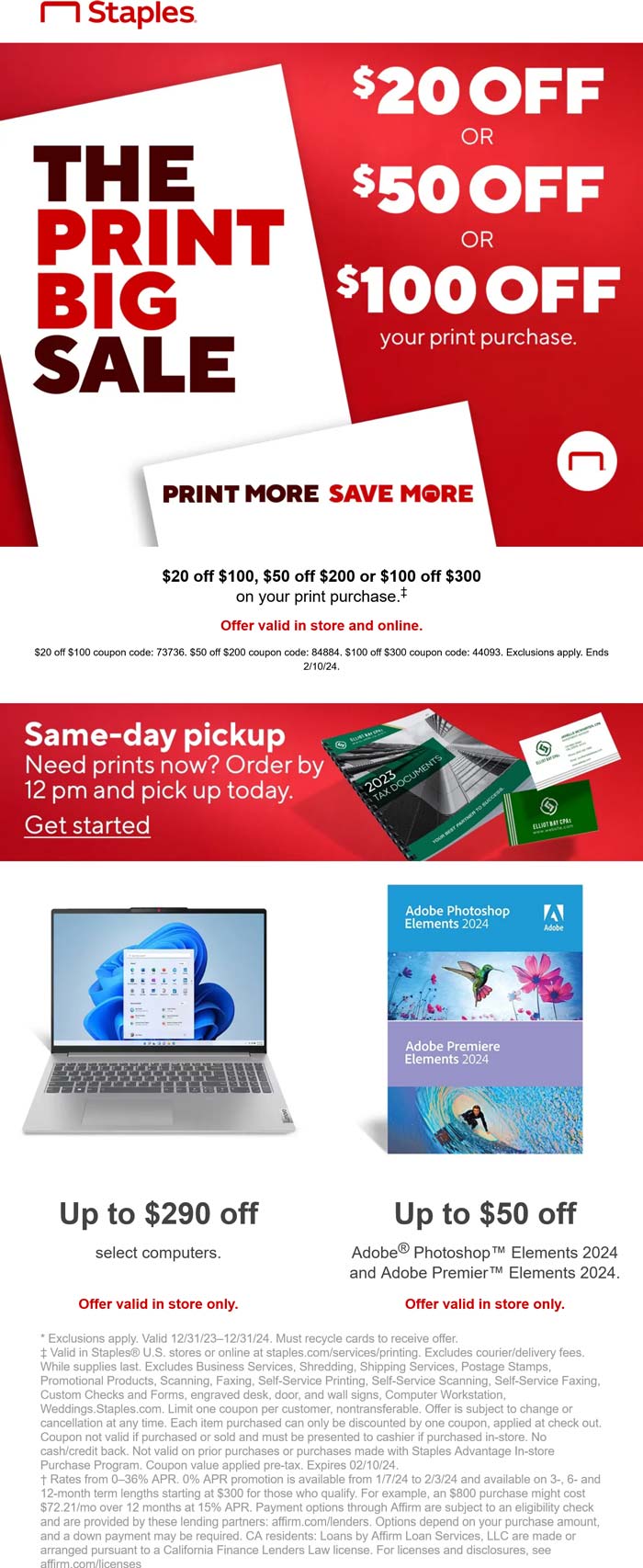 $20-$100 off $100+ on printing at Staples via promo code 73736 84884 or 44093 #staples