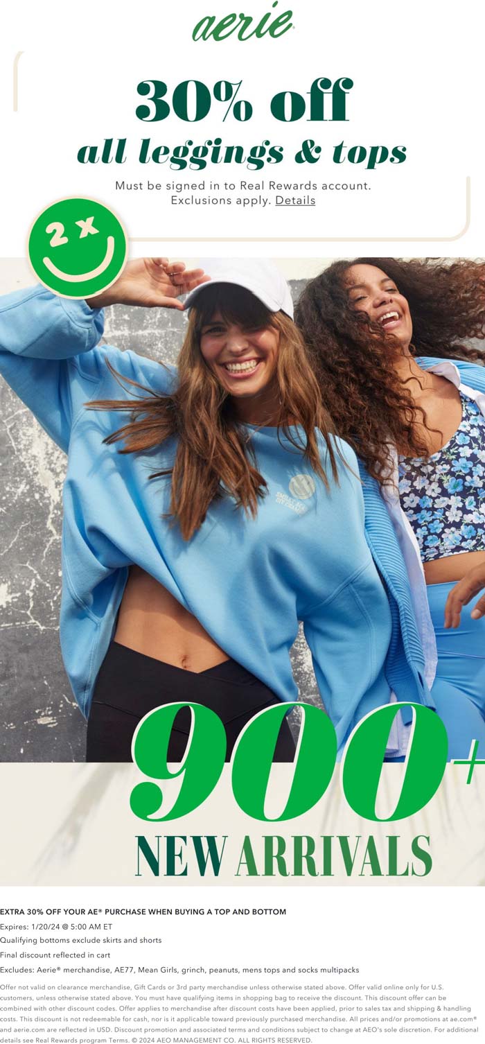 Aerie stores Coupon  30% off all leggings & tops at Aerie #aerie 