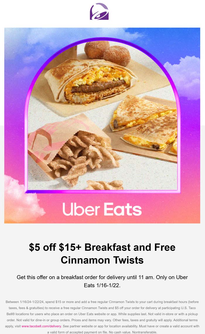 Taco Bell restaurants Coupon  $5 off $15 breakfast delivery + free cinnamon twists at Taco Bell #tacobell 