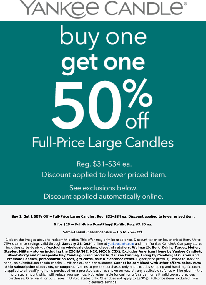 Yankee Candle stores Coupon  Second large candle 50% off at Yankee Candle, ditto online #yankeecandle 