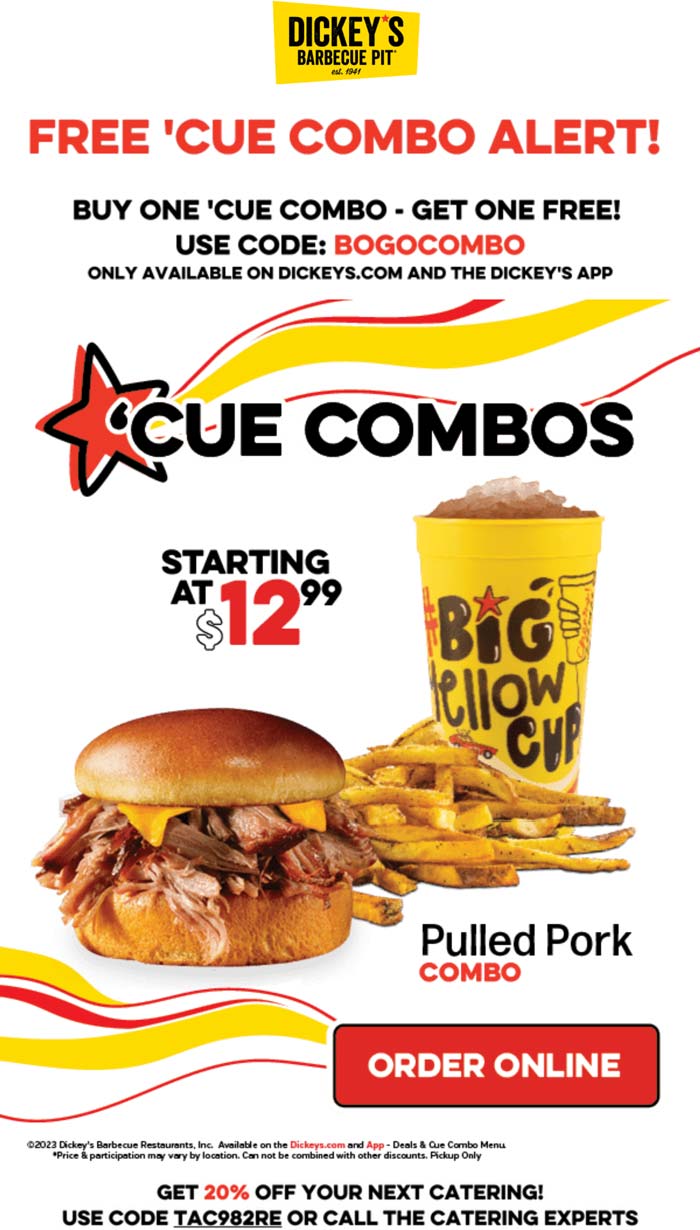 Dickeys Barbecue Pit restaurants Coupon  Second combo meal free online today at Dickeys Barbecue Pit via promo code BOGOCOMBO #dickeysbarbecuepit 