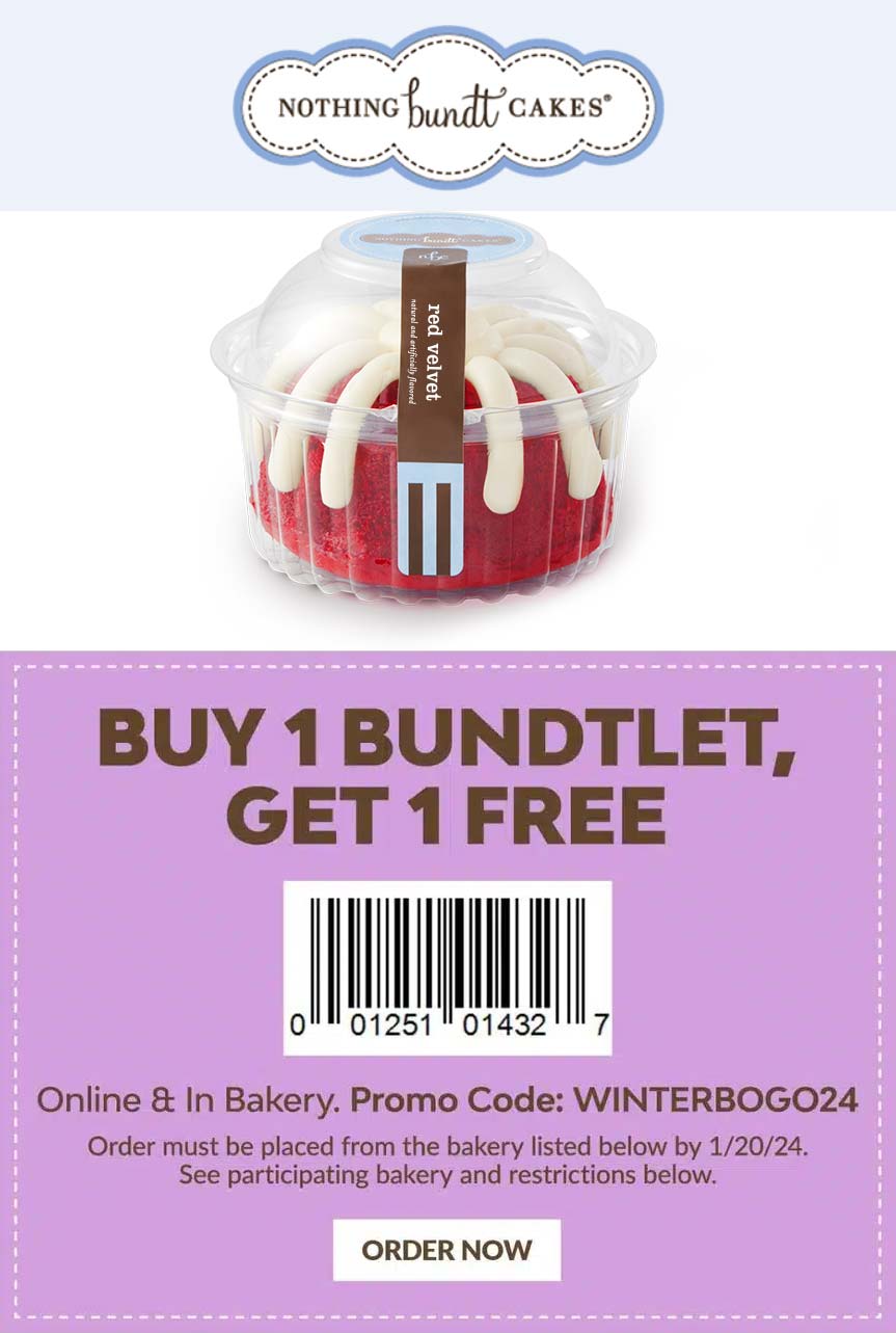 Second bundtlet cake free at Nothing Bundt Cakes, or online via promo code WINTERBOGO24 #nothingbundtcakes