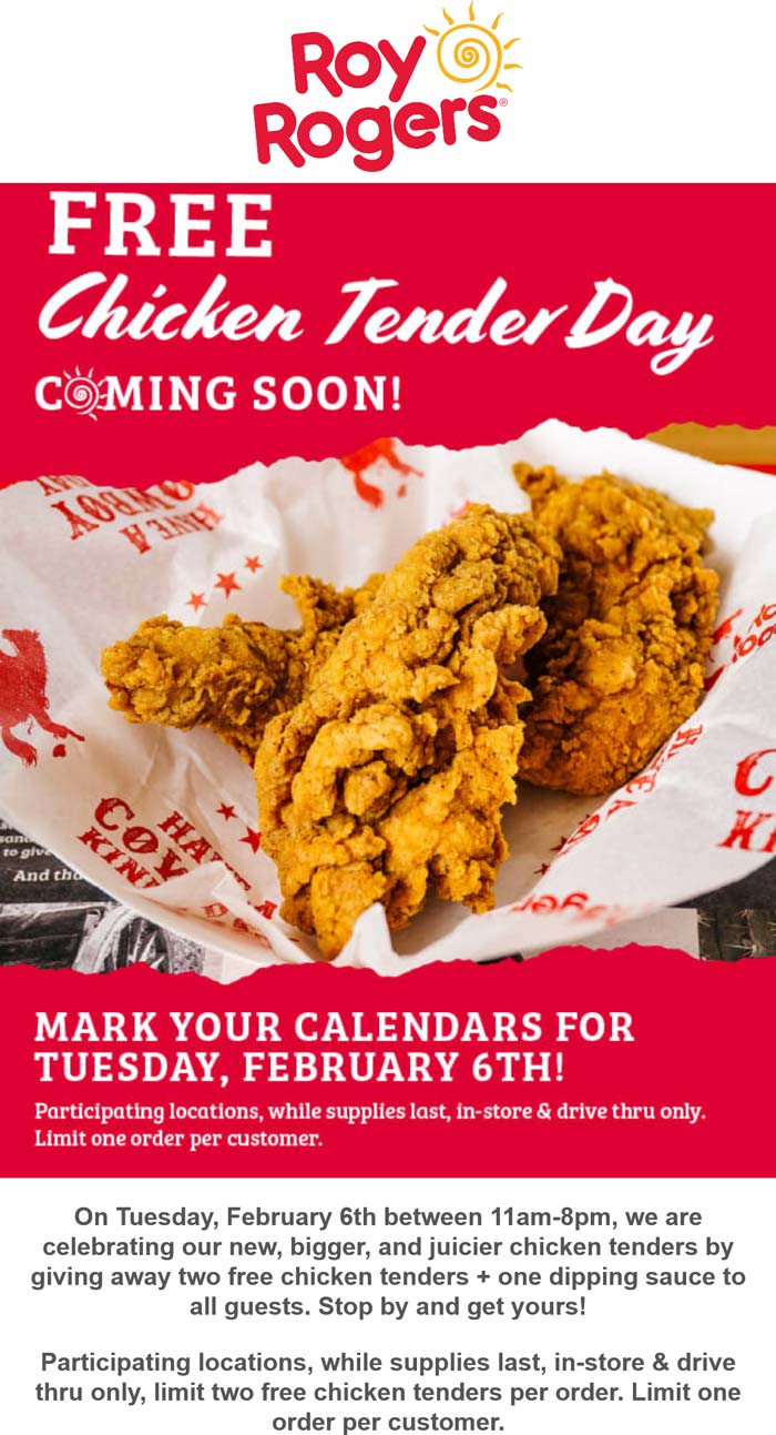 Roy Rogers restaurants Coupon  Free chicken tenders the 6th at Roy Rogers #royrogers 