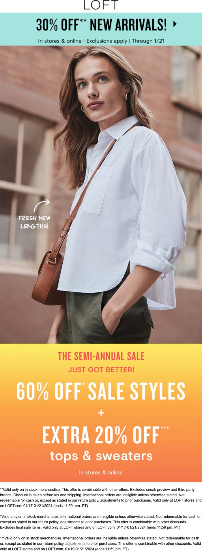 LOFT stores Coupon  Extra 20% off tops & sweaters + 60% off sale styles at LOFT, ditto online #loft 
