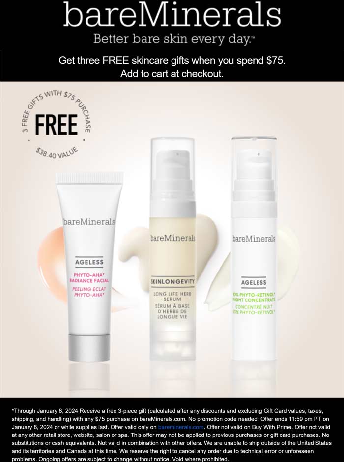 bareMinerals stores Coupon  Free 3pc on $75 online at bareMinerals #bareminerals 