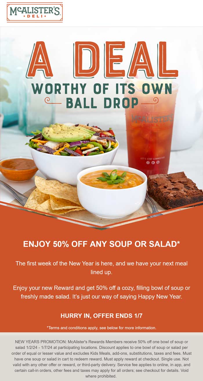 50% off a bowl of soup or salad via login at McAlisters Deli #mcalistersdeli