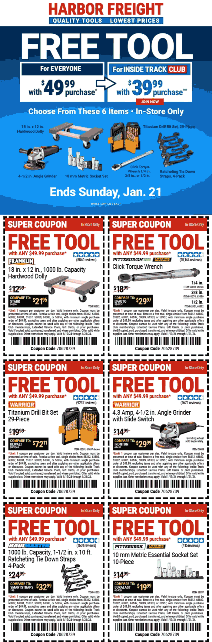 Choice of free angle grinder, dolly, sockets & more items on $50 today at Harbor Freight Tools #harborfreight