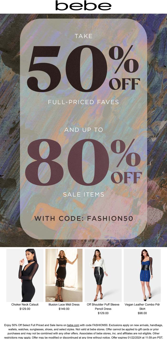 bebe stores Coupon  50% off & more at bebe, or online via promo code FASHION50 #bebe 