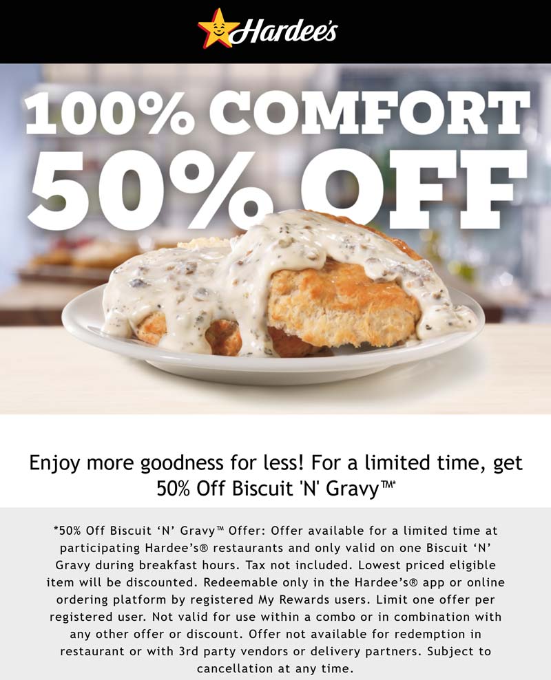 Hardees restaurants Coupon  50% off a biscuit n gravy online at Hardees restaurants #hardees 