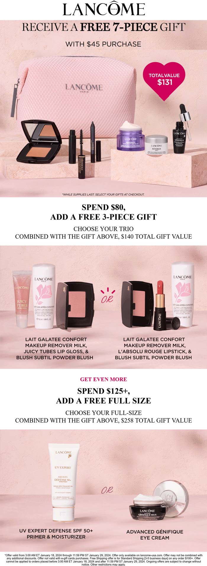 Lancome stores Coupon  Free 7pc on $45, 10pc on $80 & another full size on $125 at Lancome #lancome 