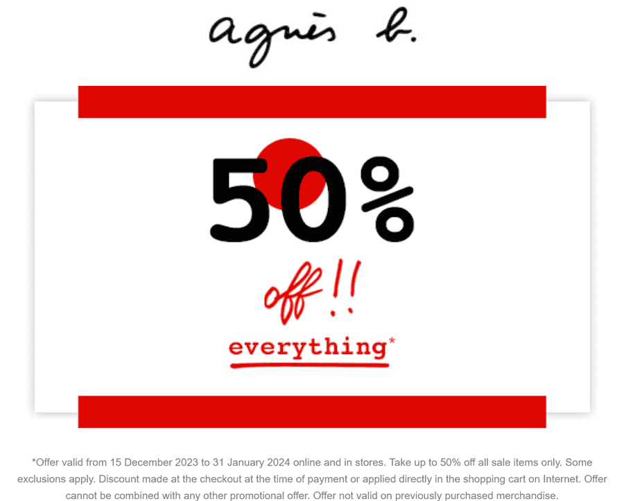 agnes b. stores Coupon  50% off everything at agnes b., ditto online #agnesb 