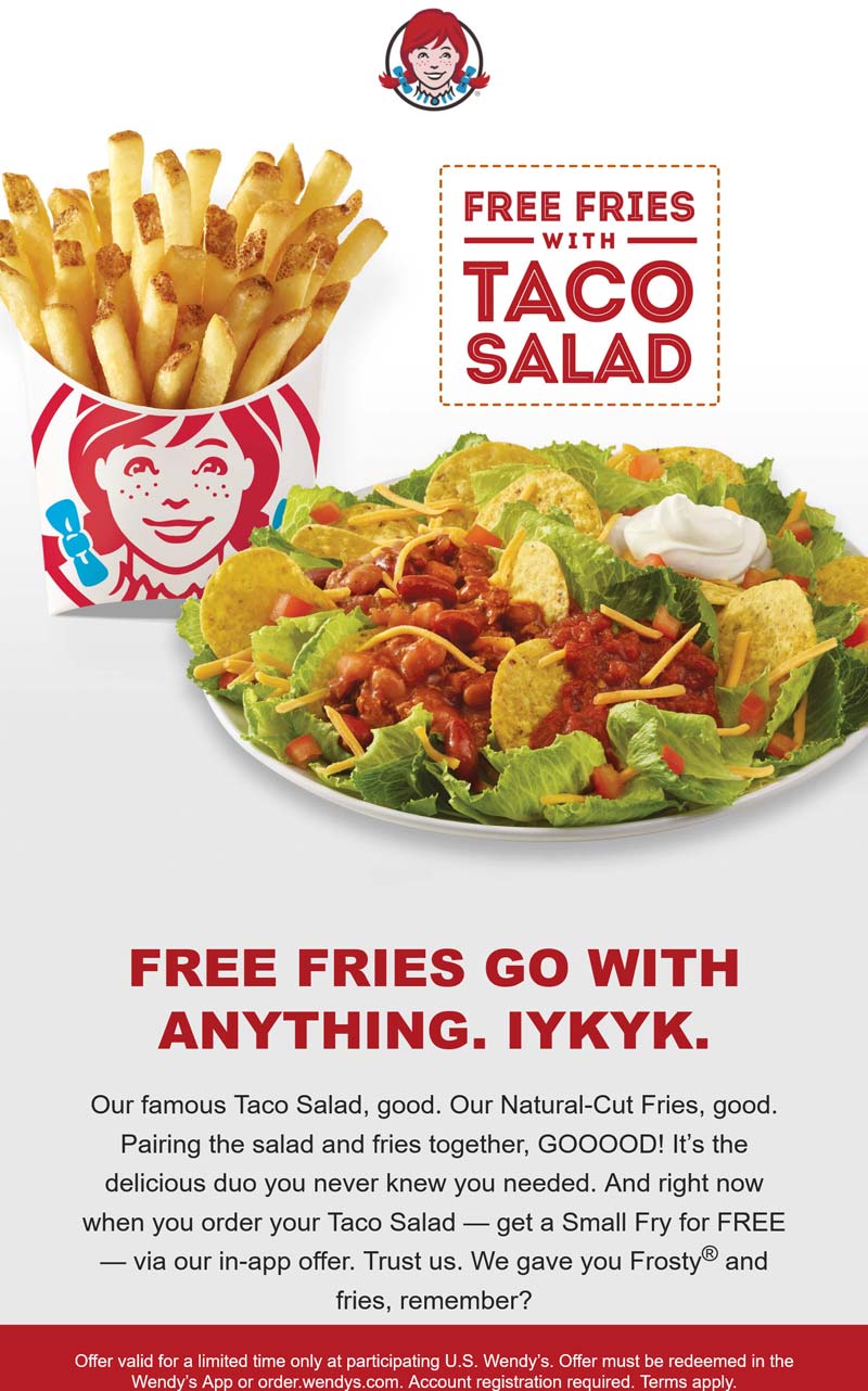 Wendys restaurants Coupon  Free fries with your taco salad online at Wendys #wendys 