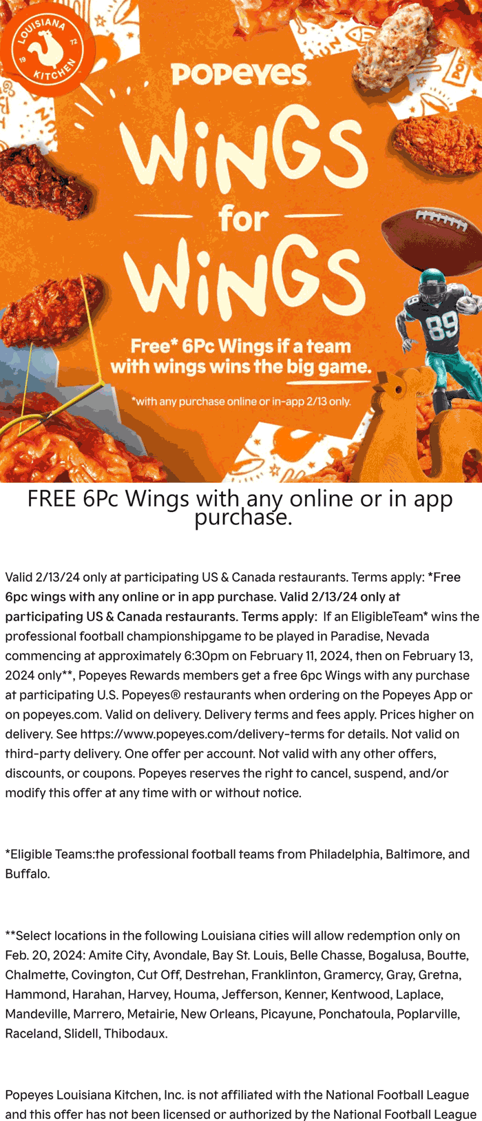 Free 6pc chicken wings the 13th if Philly, Baltimore or Buffalo win big game the 11th at Popeyes #popeyes