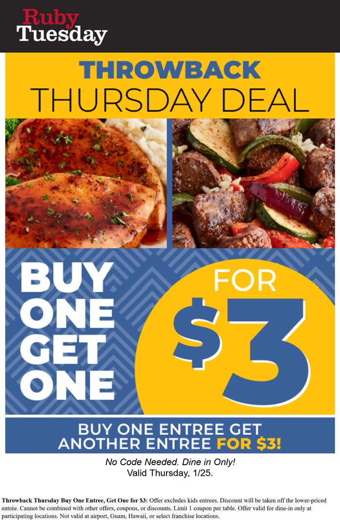 Ruby Tuesday restaurants Coupon  Second entree $3 today at Ruby Tuesday #rubytuesday 