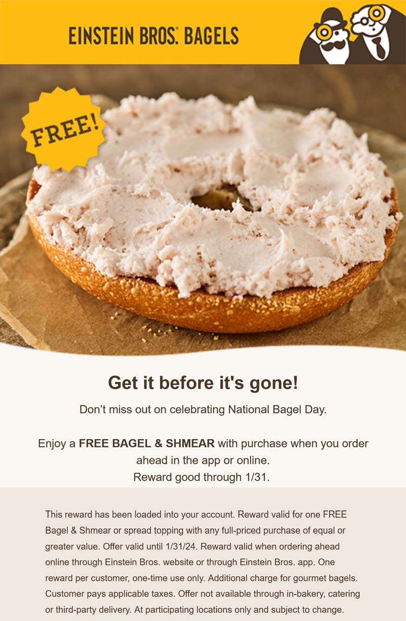 Free bagel & shmear via login at Einstein Bros Bagels #einsteinbrosbagels