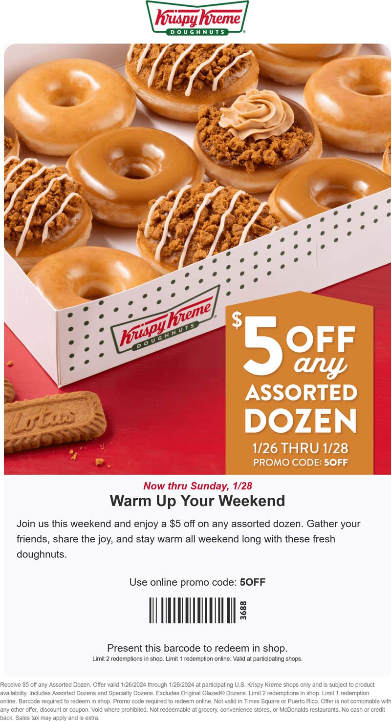 $5 off any dozen at Krispy Kreme, or online via promo code 5OFF #krispykreme