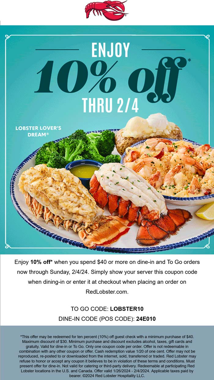 Red Lobster restaurants Coupon  10% off at Red Lobster restaurants, or online via promo code LOBSTER10 #redlobster 