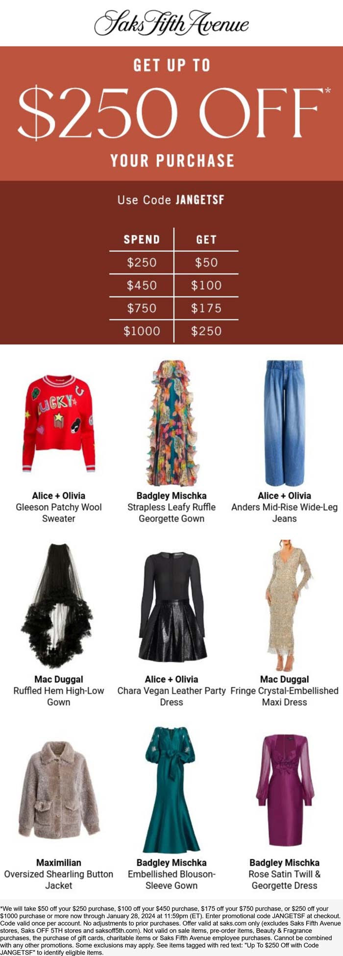 Saks Fifth Avenue stores Coupon  $50-$250 off $250+ online at Saks Fifth Avenue via promo code JANGETSF #saksfifthavenue 