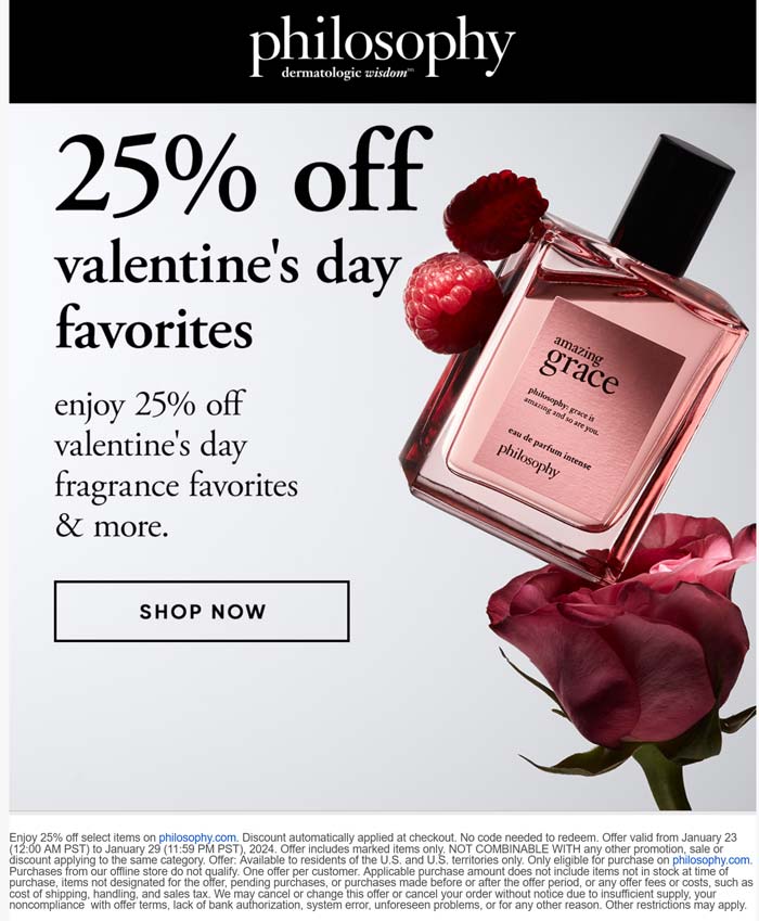 Philosophy stores Coupon  25% off valentine day fragrance favorites online at Philosophy #philosophy 