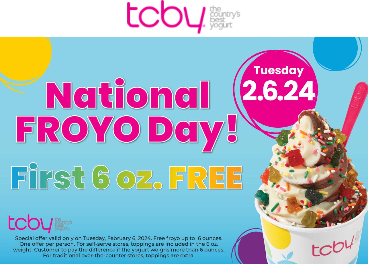 TCBY stores Coupon  Free froyo the 6th at TCBY #tcby 