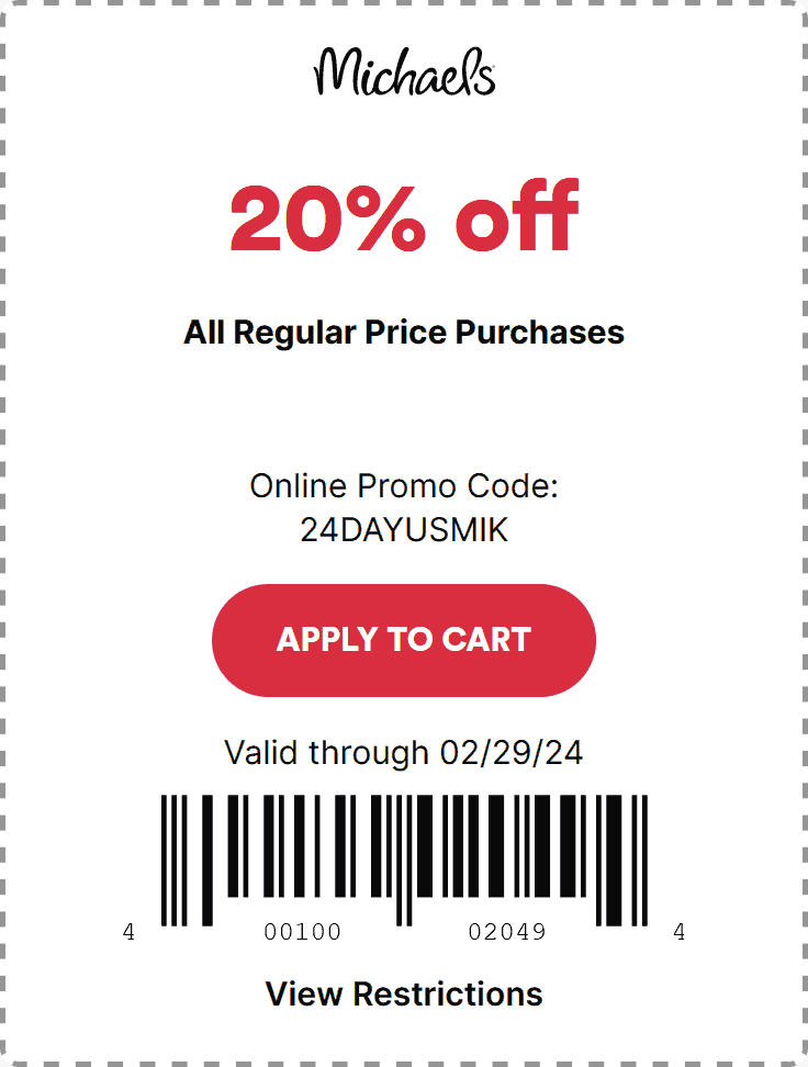Michaels stores Coupon  20% off at Michaels, or online via promo code 24DAYUSMIK #michaels 