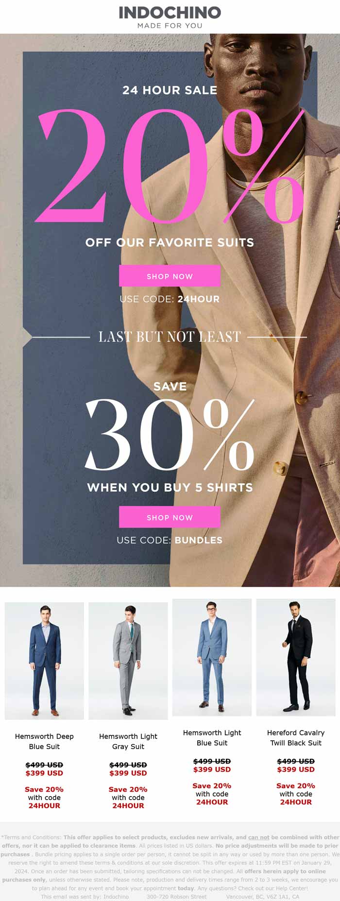 20% off suits today at Indochino via promo code 24HOUR #indochino