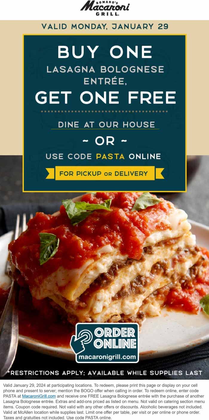 Macaroni Grill restaurants Coupon  Second lasagna bolognese free today at Macaroni Grill, or online via promo code PASTA #macaronigrill 