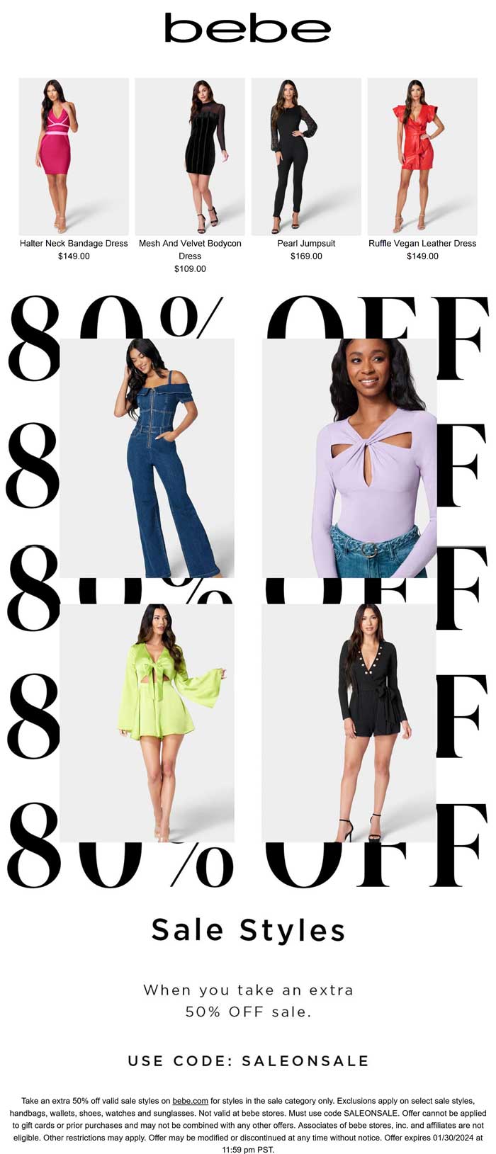 bebe stores Coupon  Extra 50% off sale styles online today at bebe via promo code SALEONSALE #bebe 
