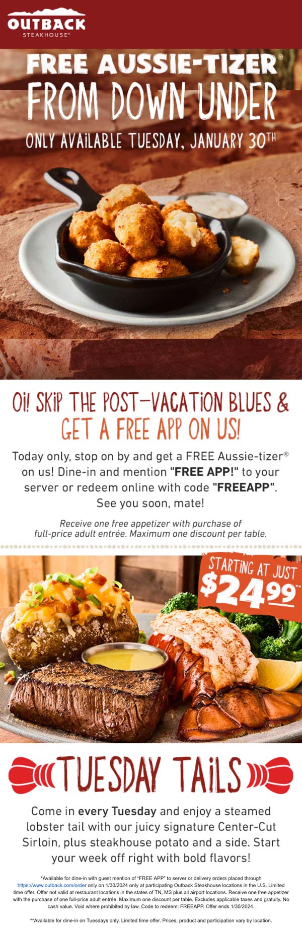 Outback Steakhouse restaurants Coupon  Free appetizer with your entree today at Outback Steakhouse, or online via promo code FREEAPP #outbacksteakhouse 