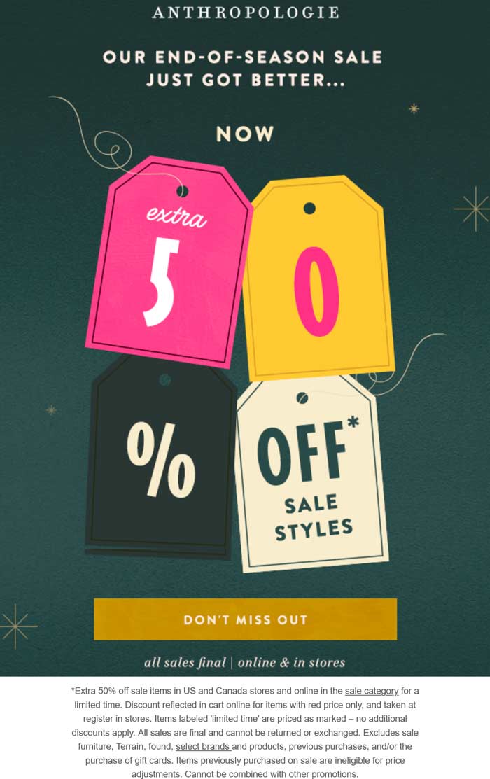 Anthropologie stores Coupon  Extra 50% off sale items at Anthropologie #anthropologie 